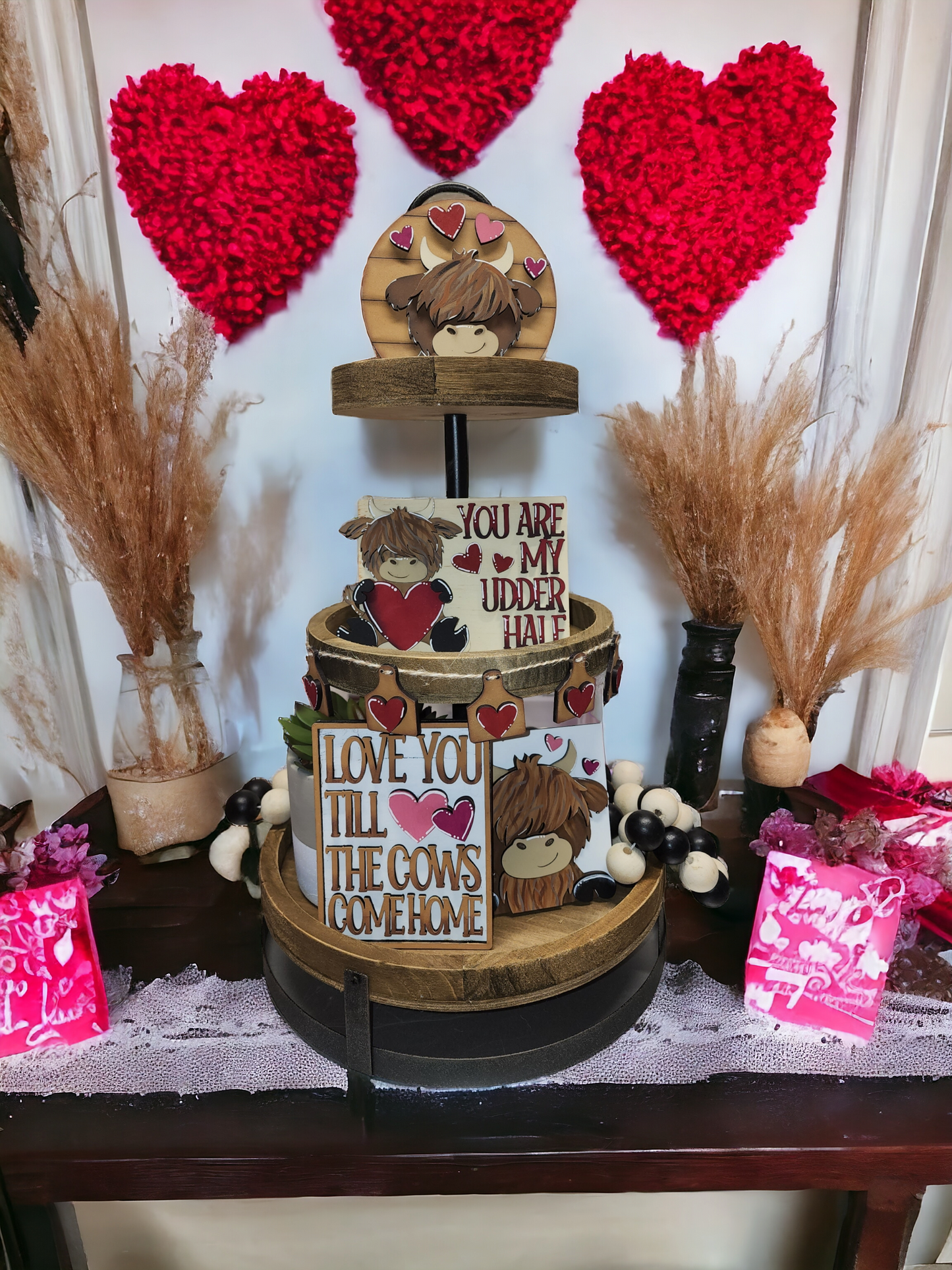 Cow valentines day tiered tray set